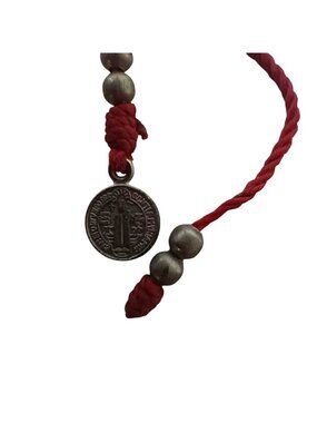 Vintage Bracelet Goth Catholic Handmade Red Cord Saint Benedict Medal & Beads
